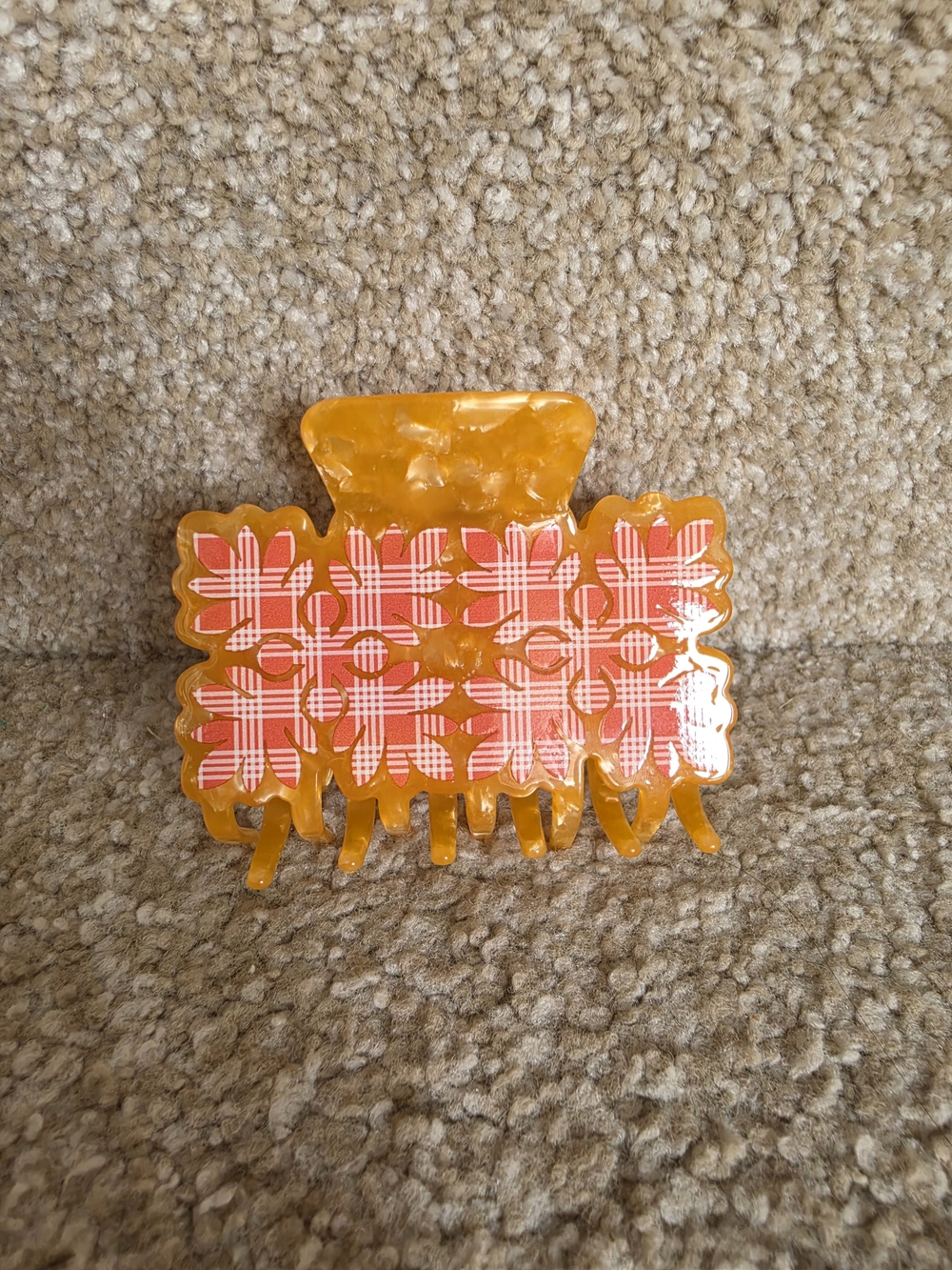Orange Palaka Quilt Print Acrylic Claw Clip